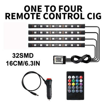 Lot de 4 lumières d'ambiance LED RVB pour voiture, contrôle par application USB