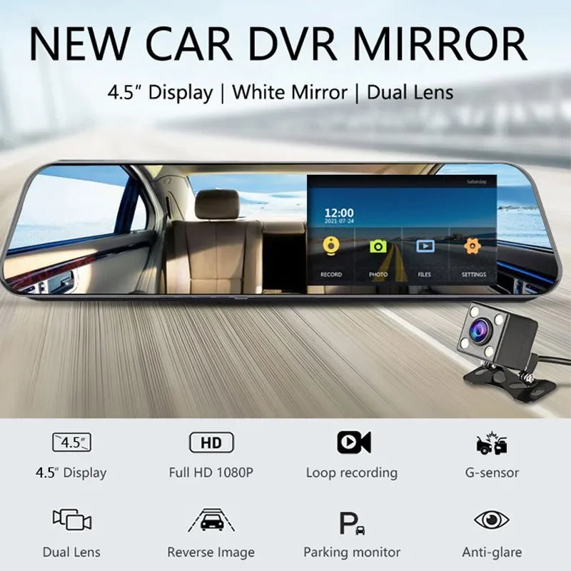 Dual-Lens Car DVR Dash Cam – 1080P Touchscreen Rearview Mirror with Night Vision