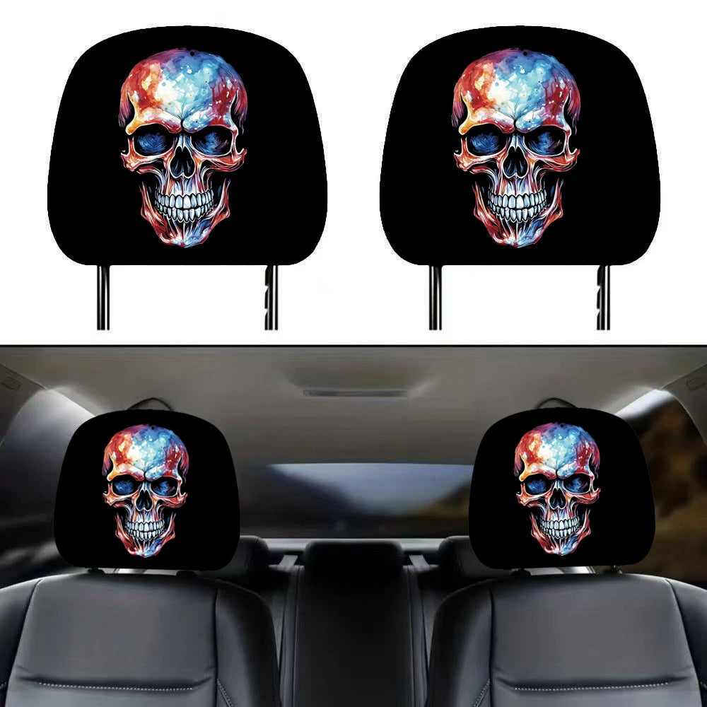 Halloween Black Skull Car Headrest Cover – Universal, Stretchy Two pieces 02 – Car Accessories | MotorWorld Marketplace