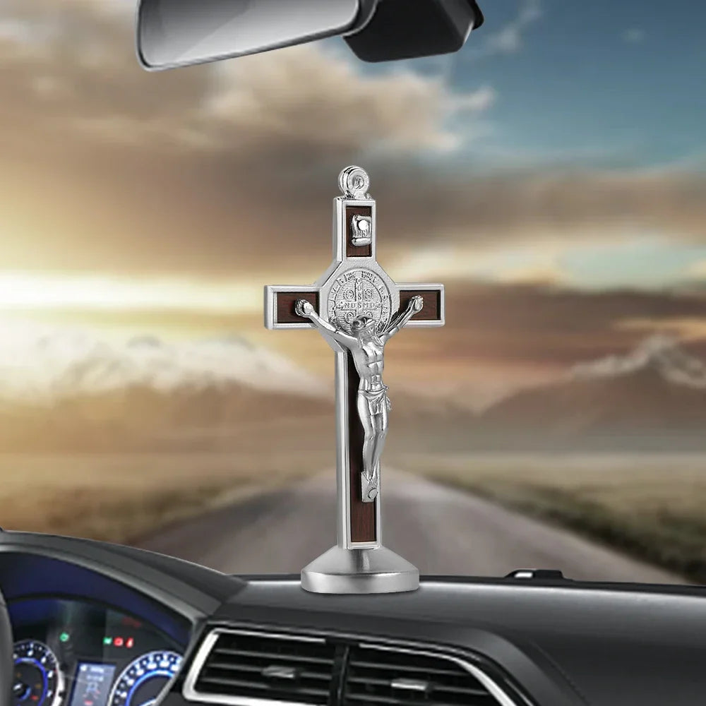 Premium Metal-Wood Jesus Cross Car Dashboard Ornament