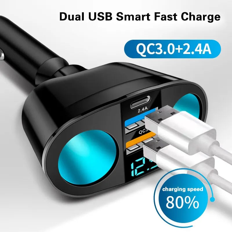 Dual-Port Car Charger with Digital Display for Simultaneous Charging