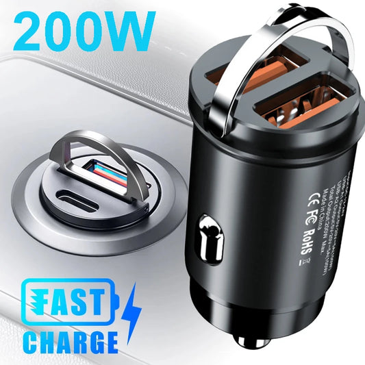 100W/200W QC3.0 PD Mini Car Charger – Fast Charging for USB-C Devices