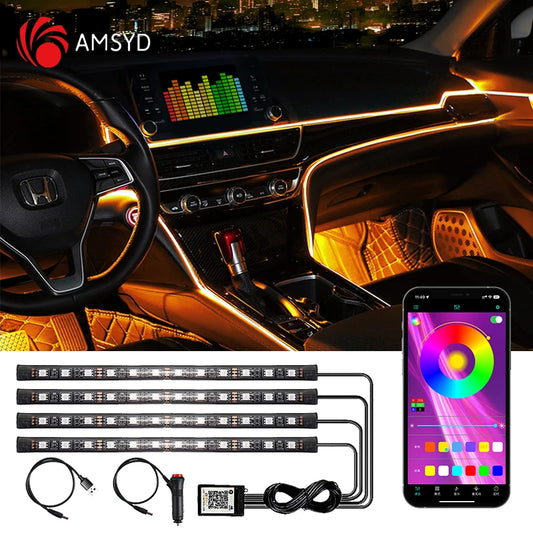 Lot de 4 lumières d'ambiance LED RVB pour voiture, contrôle par application USB