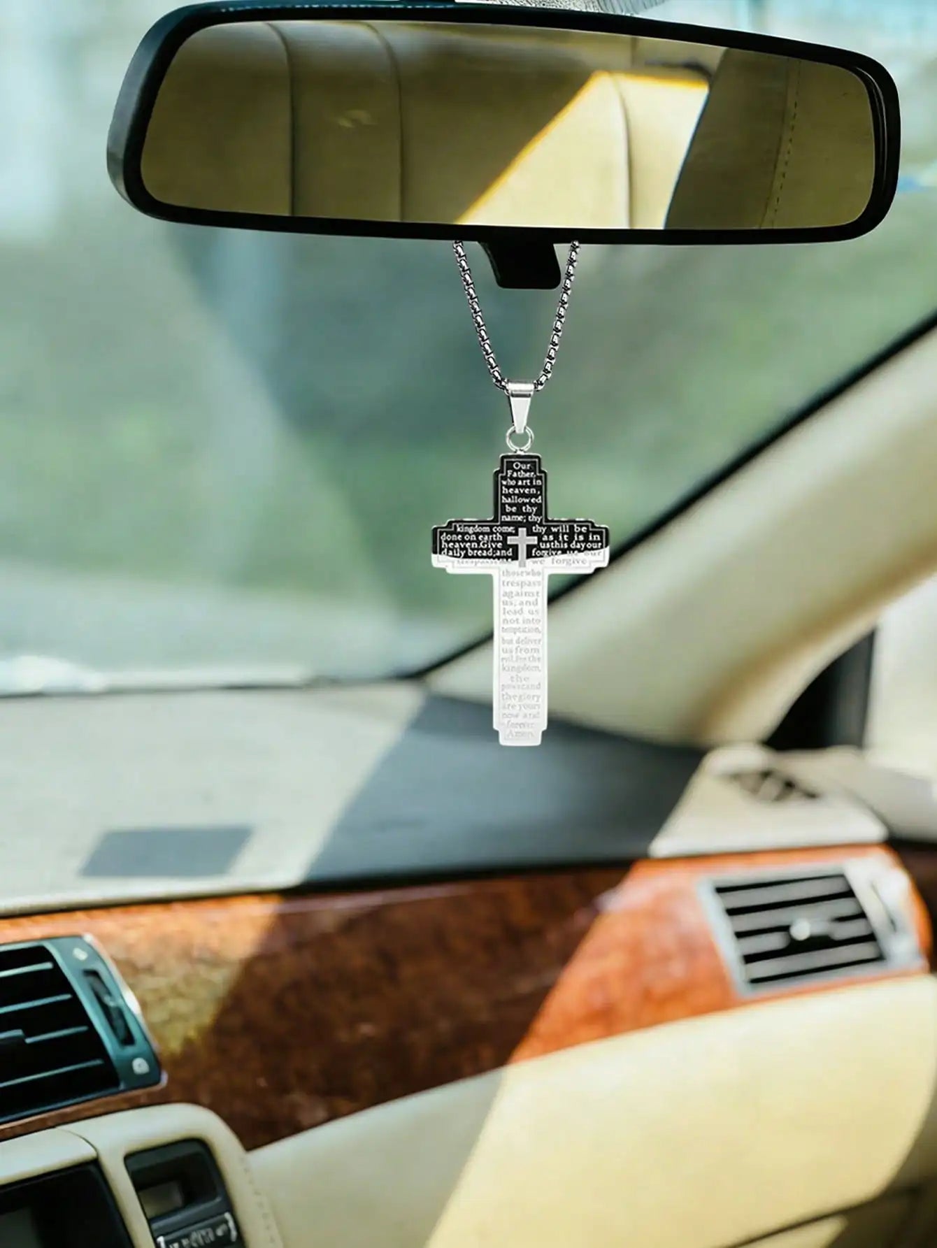 Stainless Steel Cross Car Pendant – Lord's Prayer, Rearview Ornament Silver – Car Accessories | MotorWorld Marketplace
