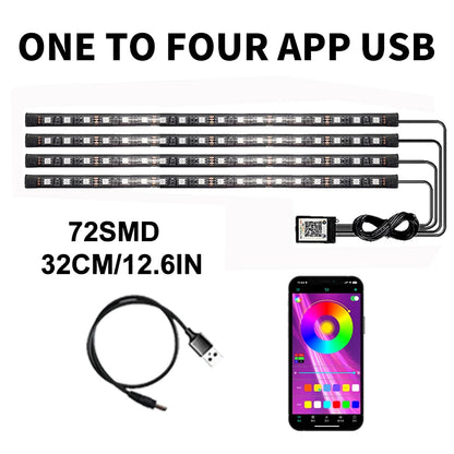 Lot de 4 lumières d'ambiance LED RVB pour voiture, contrôle par application USB