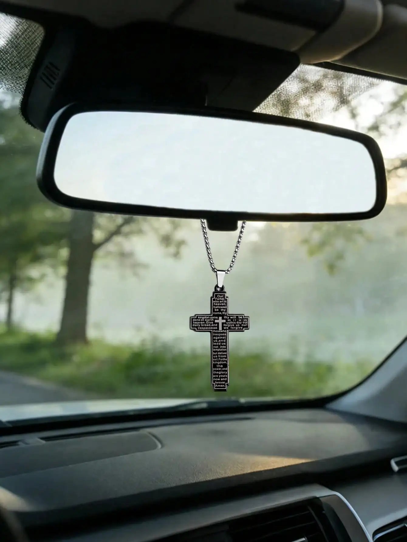 Stainless Steel Cross Car Pendant – Lord's Prayer, Rearview Ornament – Car Accessories | MotorWorld Marketplace