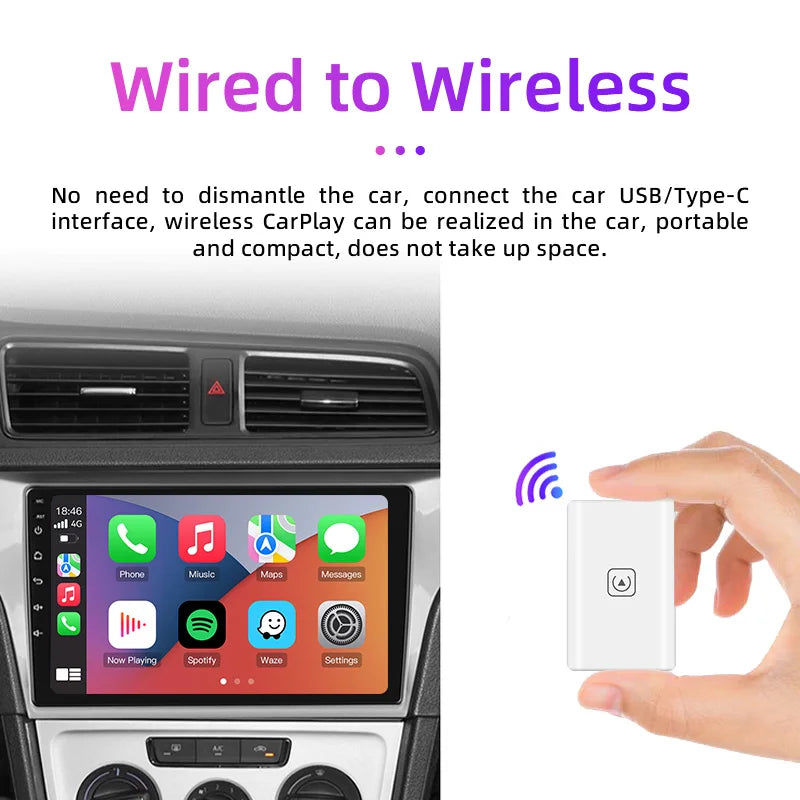 Wireless CarPlay Adapter converts wired CarPlay to wireless with an easy plug-and-play USB connection.