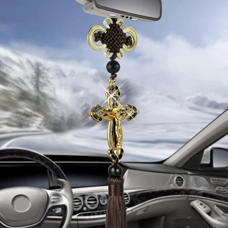 Diamond Cross Jesus Car Pendant – Premium Rearview Ornament