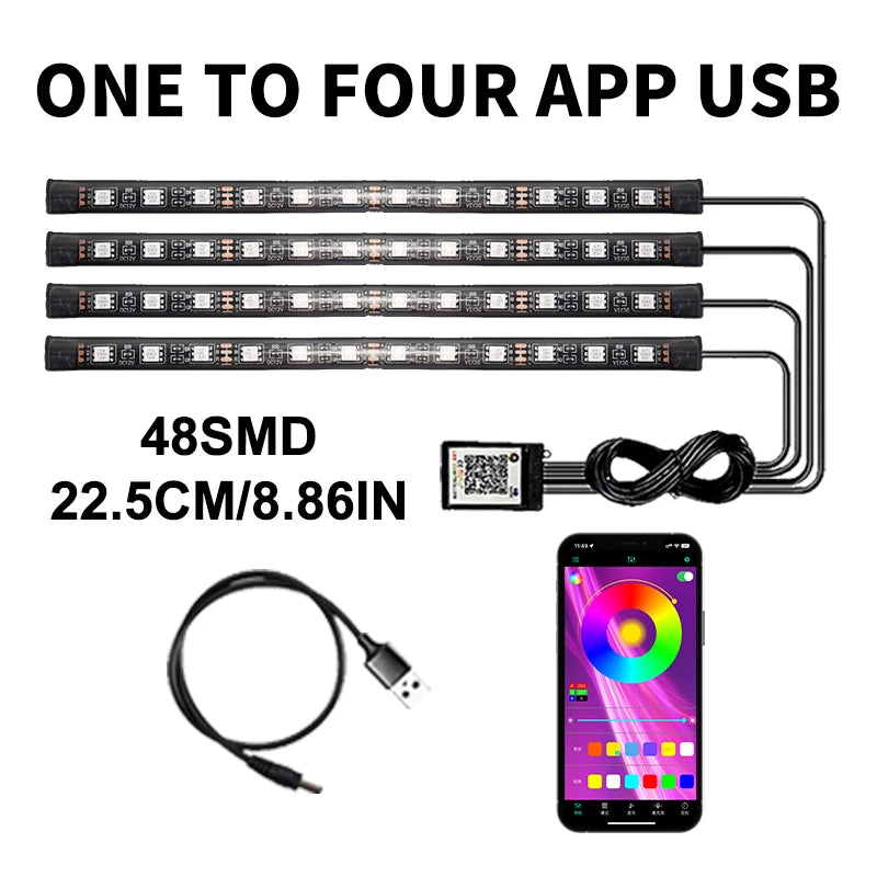 Lot de 4 lumières d'ambiance LED RVB pour voiture, contrôle par application USB