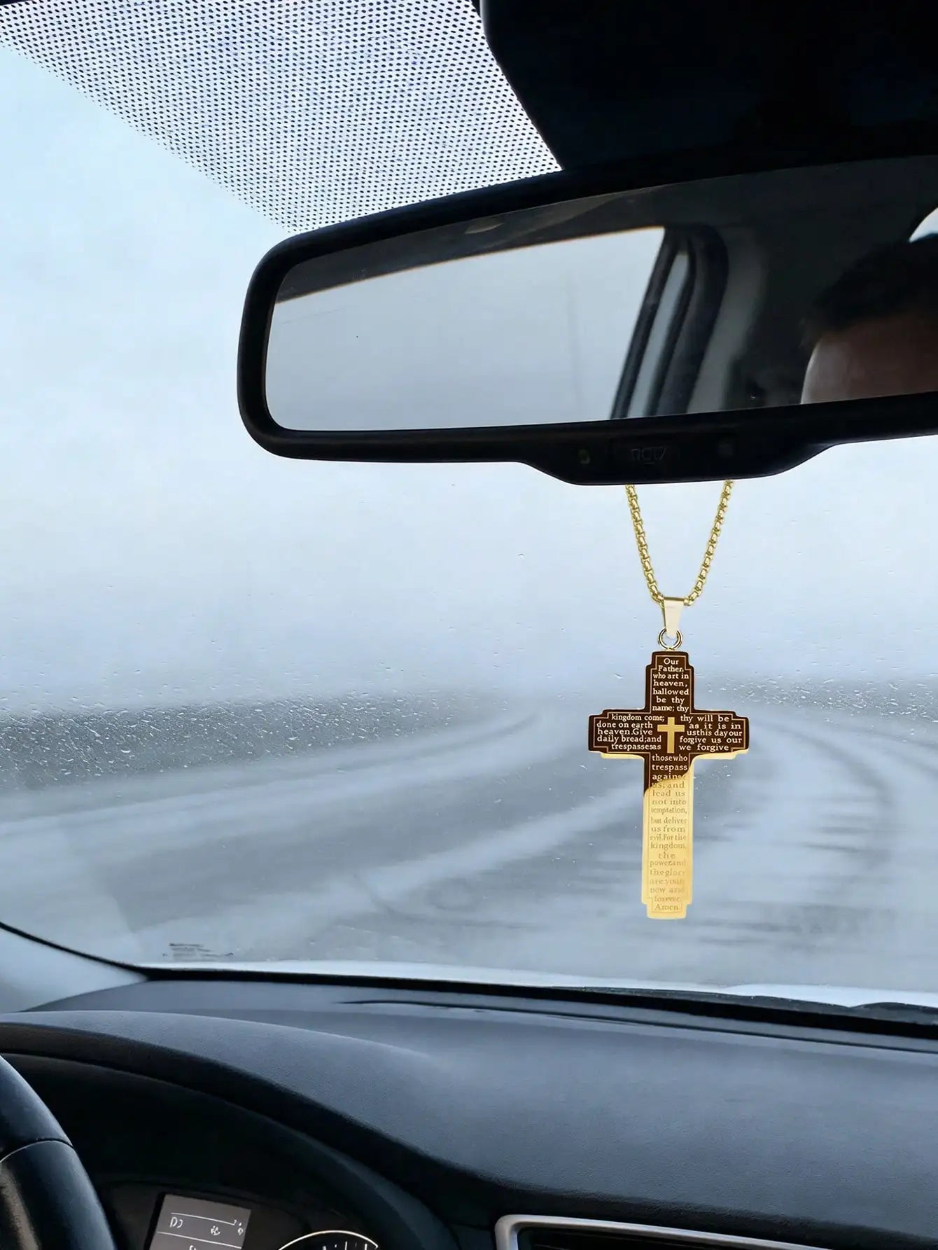 Stainless Steel Cross Car Pendant – Lord's Prayer, Rearview Ornament Gold – Car Accessories | MotorWorld Marketplace