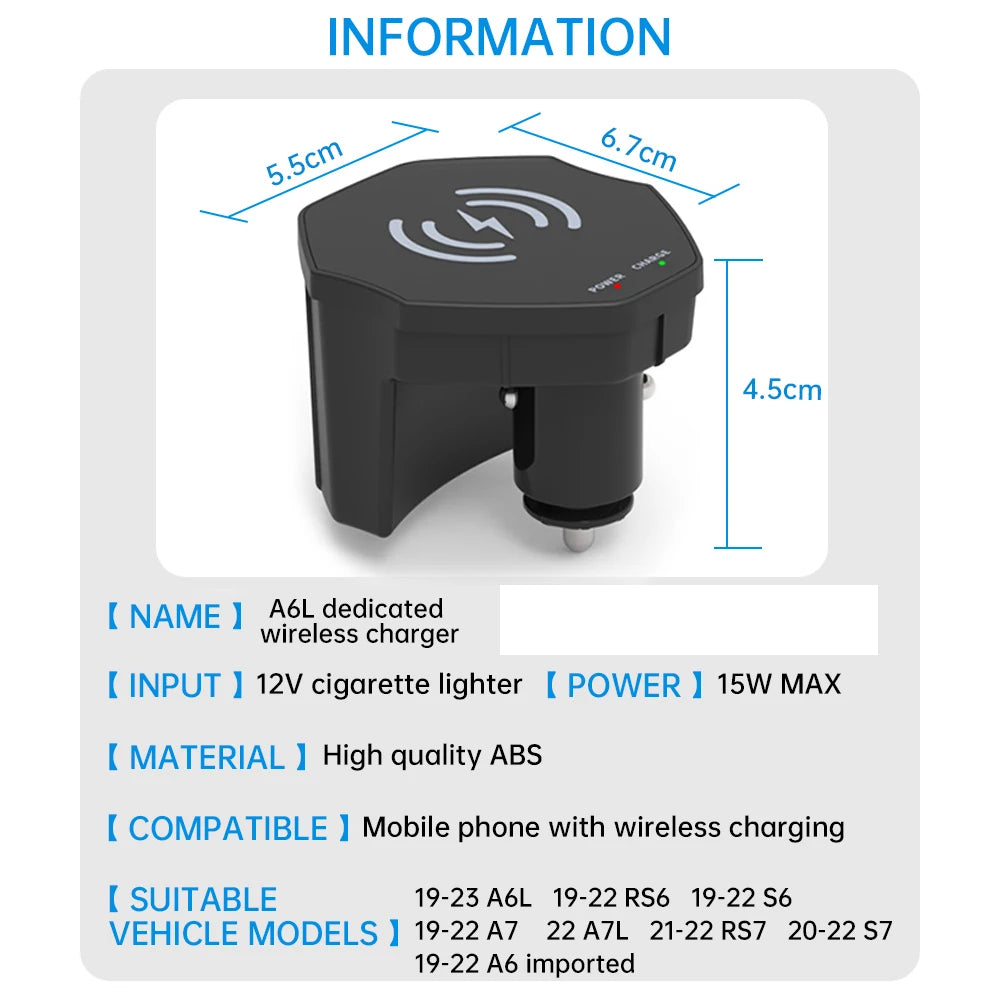 15W Fast Wireless Charger Pad for Audi A6/A7/S6/S7