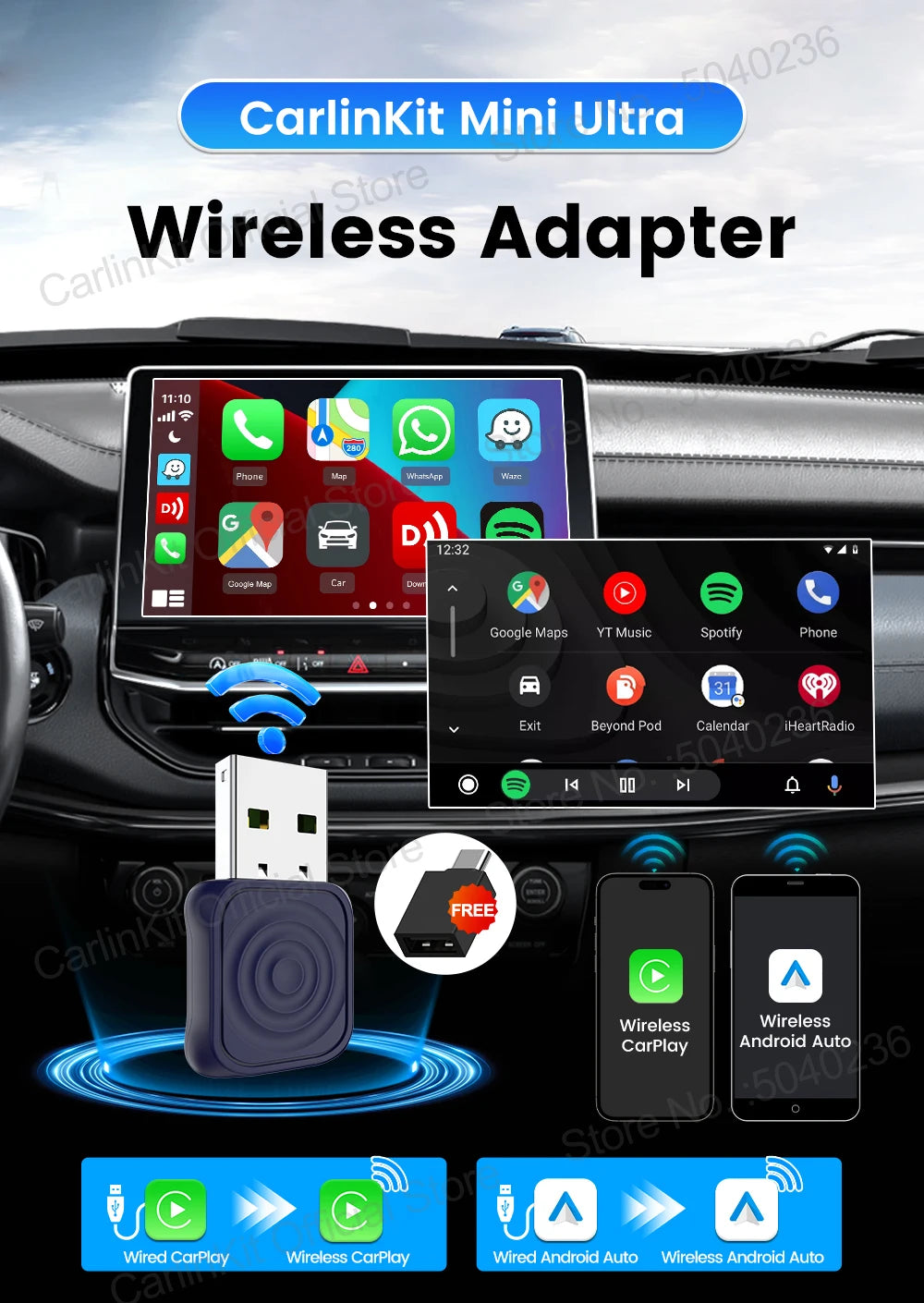 CarlinKit 5.0 Mini Adapter Wireless CarPlay & Android Auto