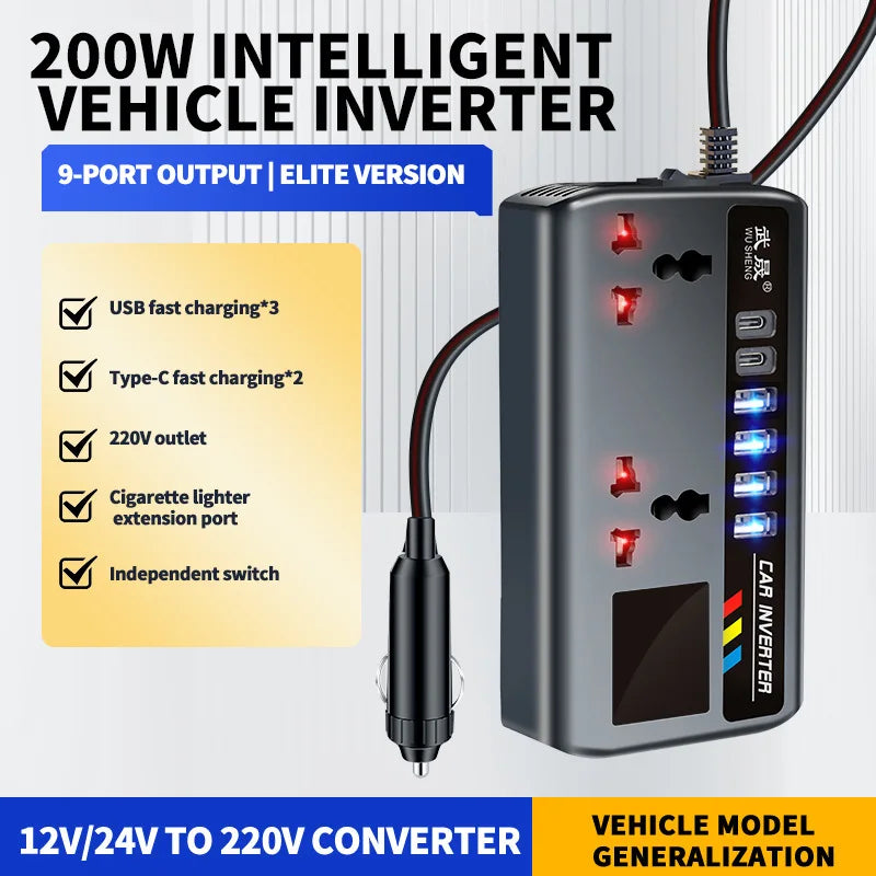 220V Car Inverter, Dual PD, 4USB, Intl Socket, 12V/24V No QC3.0 No Display – Car Accessories | MotorWorld Marketplace