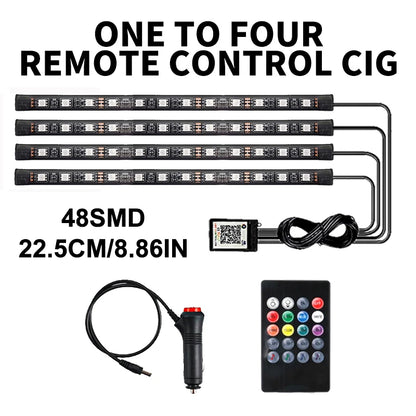 Lot de 4 lumières d'ambiance LED RVB pour voiture, contrôle par application USB