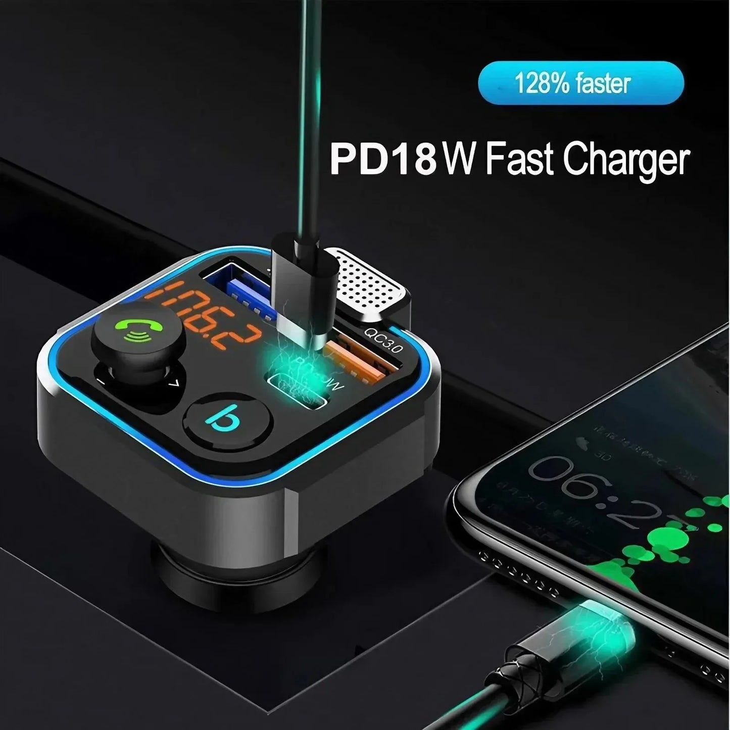 Bluetooth 5.0 FM Transmitter - Dual USB Quick Charger, Hands-Free Car Kit