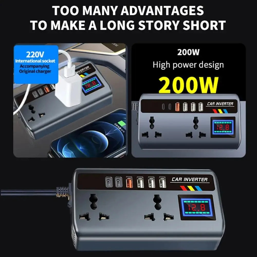 220V Car Inverter, Dual PD, 4USB, Intl Socket, 12V/24V – Car Accessories | MotorWorld Marketplace