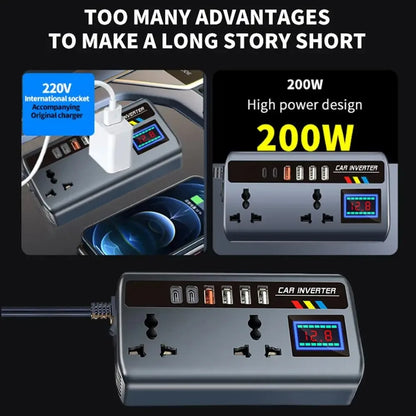 220V Car Inverter, Dual PD, 4USB, Intl Socket, 12V/24V – Car Accessories | MotorWorld Marketplace