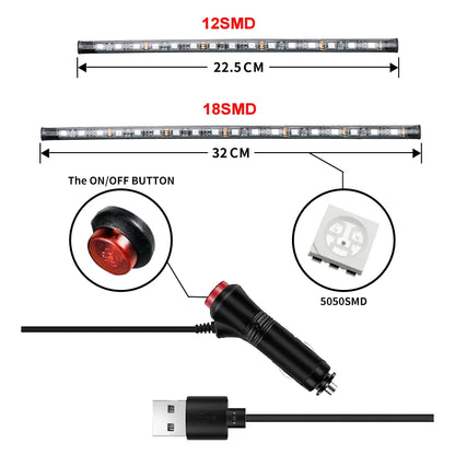 Lot de 4 lumières d'ambiance LED RVB pour voiture, contrôle par application USB