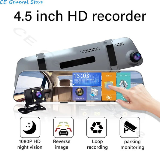 Dual-Lens Car DVR Dash Cam – 1080P Touchscreen Rearview Mirror with Night Vision