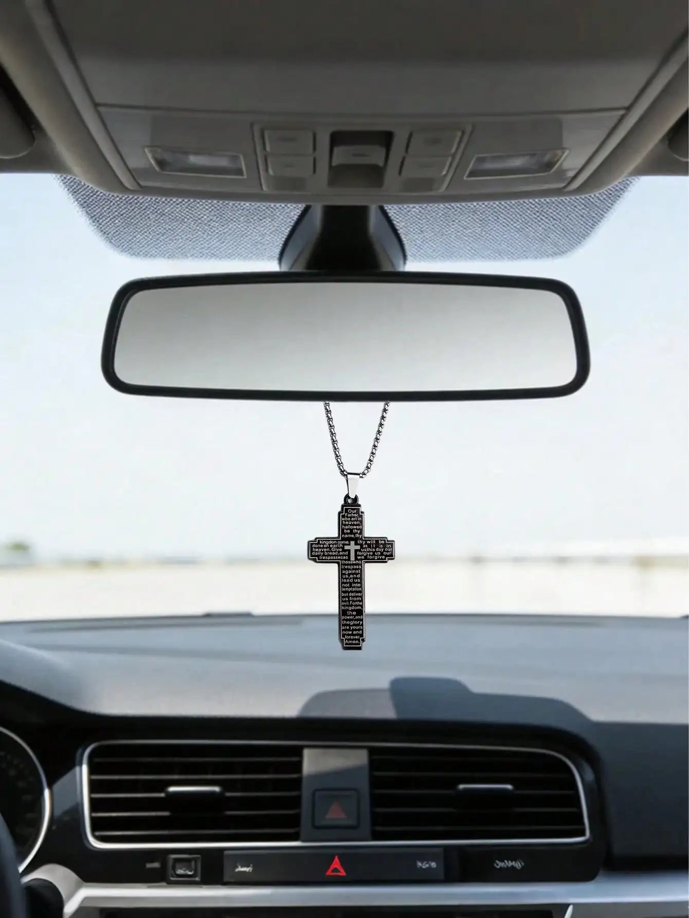 Stainless Steel Cross Car Pendant – Lord's Prayer, Rearview Ornament Black – Car Accessories | MotorWorld Marketplace