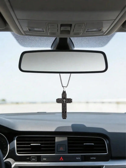 Stainless Steel Cross Car Pendant – Lord's Prayer, Rearview Ornament Black – Car Accessories | MotorWorld Marketplace