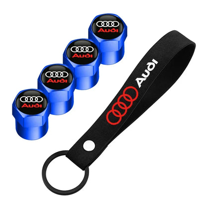 Audi Tire Wheel Valve Caps Cover + Suede Car Key Chain Ring Keychain