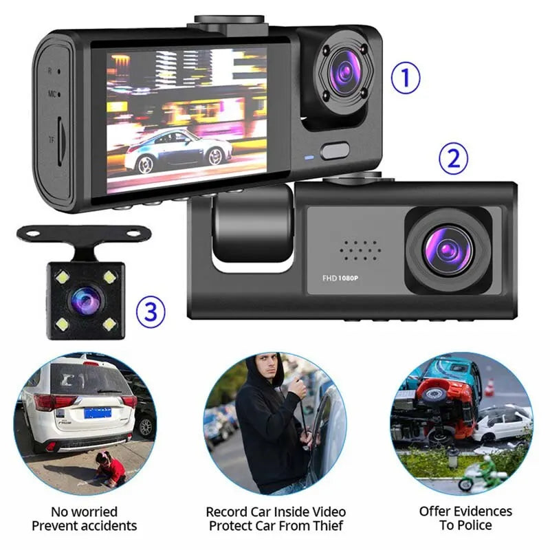 1080P Dash Cam with IR Night Vision & 3 Cameras | Loop Recording, 2" IPS Screen, DVR