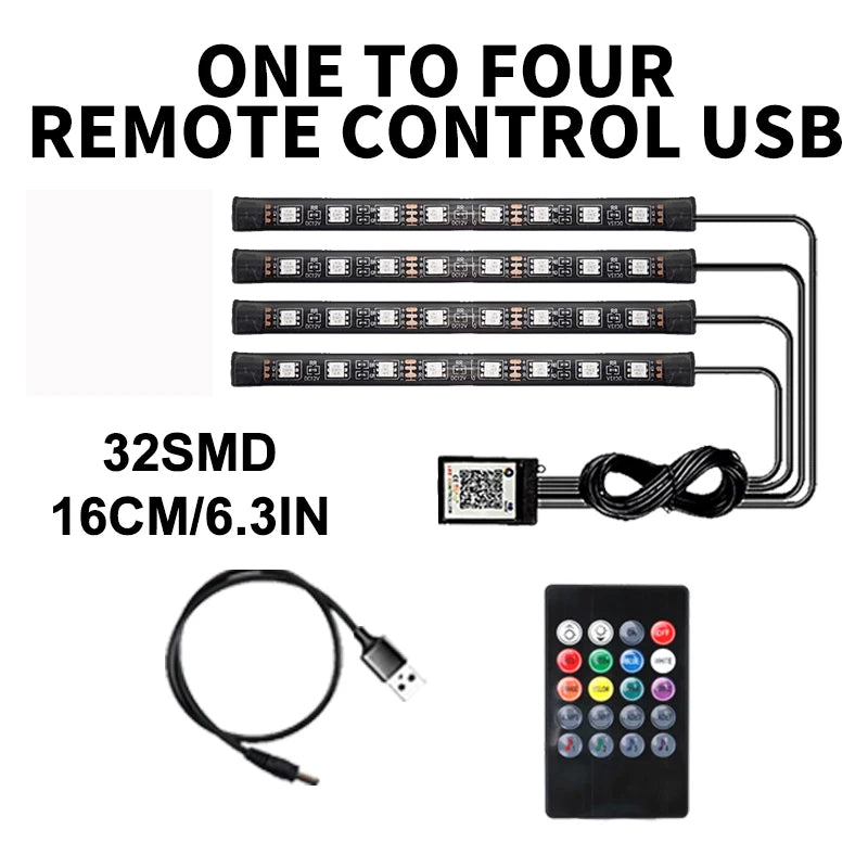 Lot de 4 lumières d'ambiance LED RVB pour voiture, contrôle par application USB