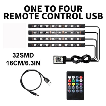 Lot de 4 lumières d'ambiance LED RVB pour voiture, contrôle par application USB