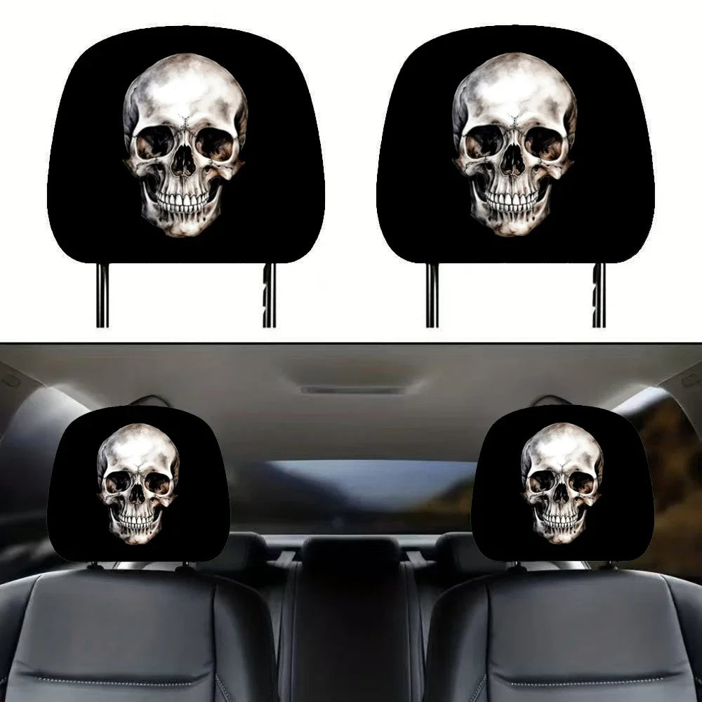 Halloween Black Skull Car Headrest Cover – Universal, Stretchy Two pieces 01 – Car Accessories | MotorWorld Marketplace