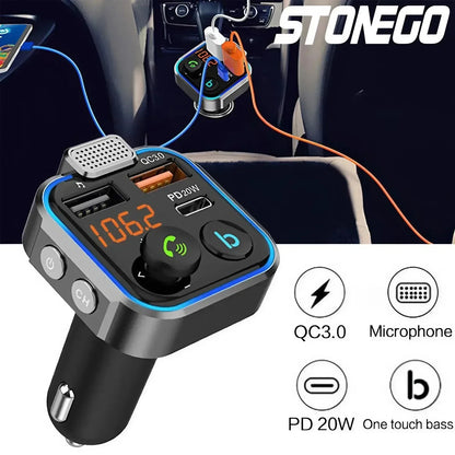 Transmetteur FM Bluetooth 5.0 - Chargeur rapide double USB, kit mains libres pour voiture