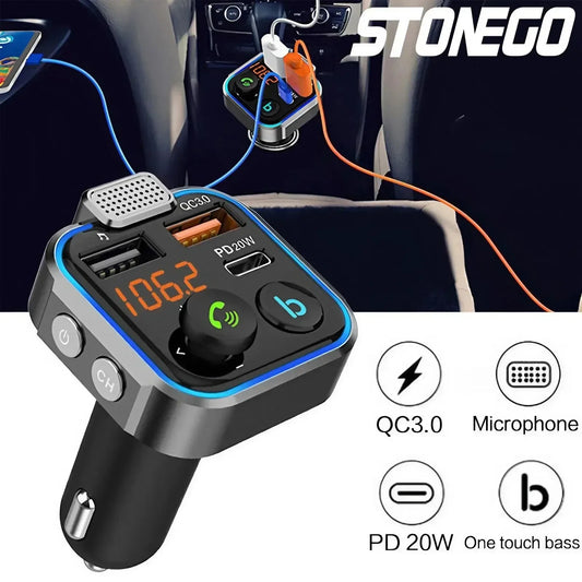 Bluetooth 5.0 FM Transmitter - Dual USB Quick Charger, Hands-Free Car Kit