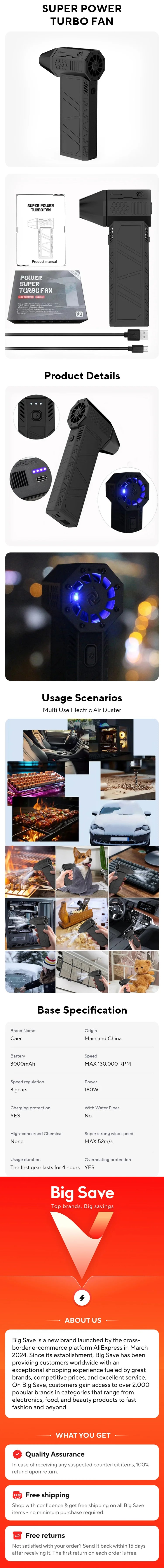 Dépoussiéreur à air turbo CAER 130 000 tr/min - Nettoyage professionnel de voiture et de PC