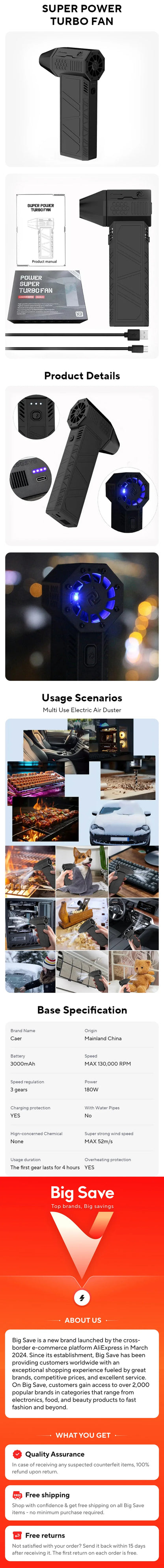 Dépoussiéreur à air turbo CAER 130 000 tr/min - Nettoyage professionnel de voiture et de PC